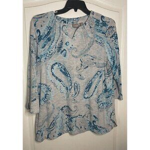 Chico's Gray Teal Floral 3/4 Sleeve Top Floral Scroll Size 3 L/XL